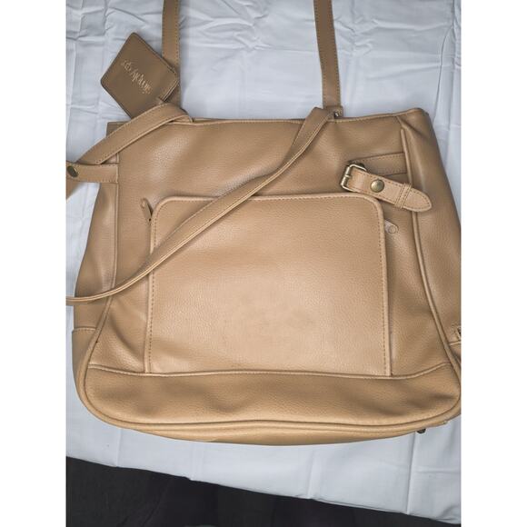 Simply Go Travel Tote Bag Tan Faux Leather Zip Top Dual Front Pockets - Picture 2 of 6